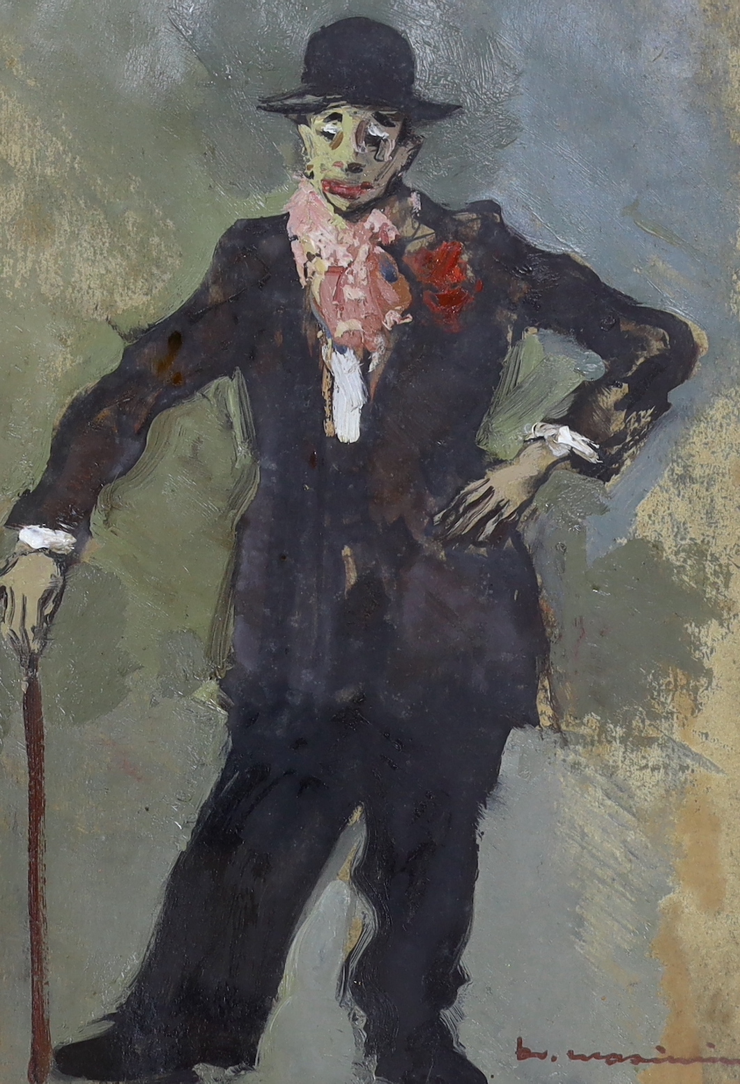 Italian School, oil on card, Study of a clown, indistinctly signed, 33 x 23cm